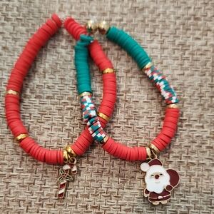 Festive Red and Green Beaded Bracelets with Charms